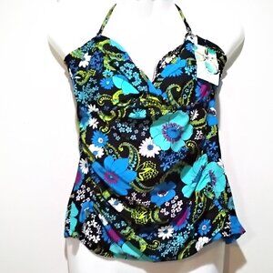 Island Escape Black & Blue Floral Twist Bandini Halter Tankini Top NWT Various S